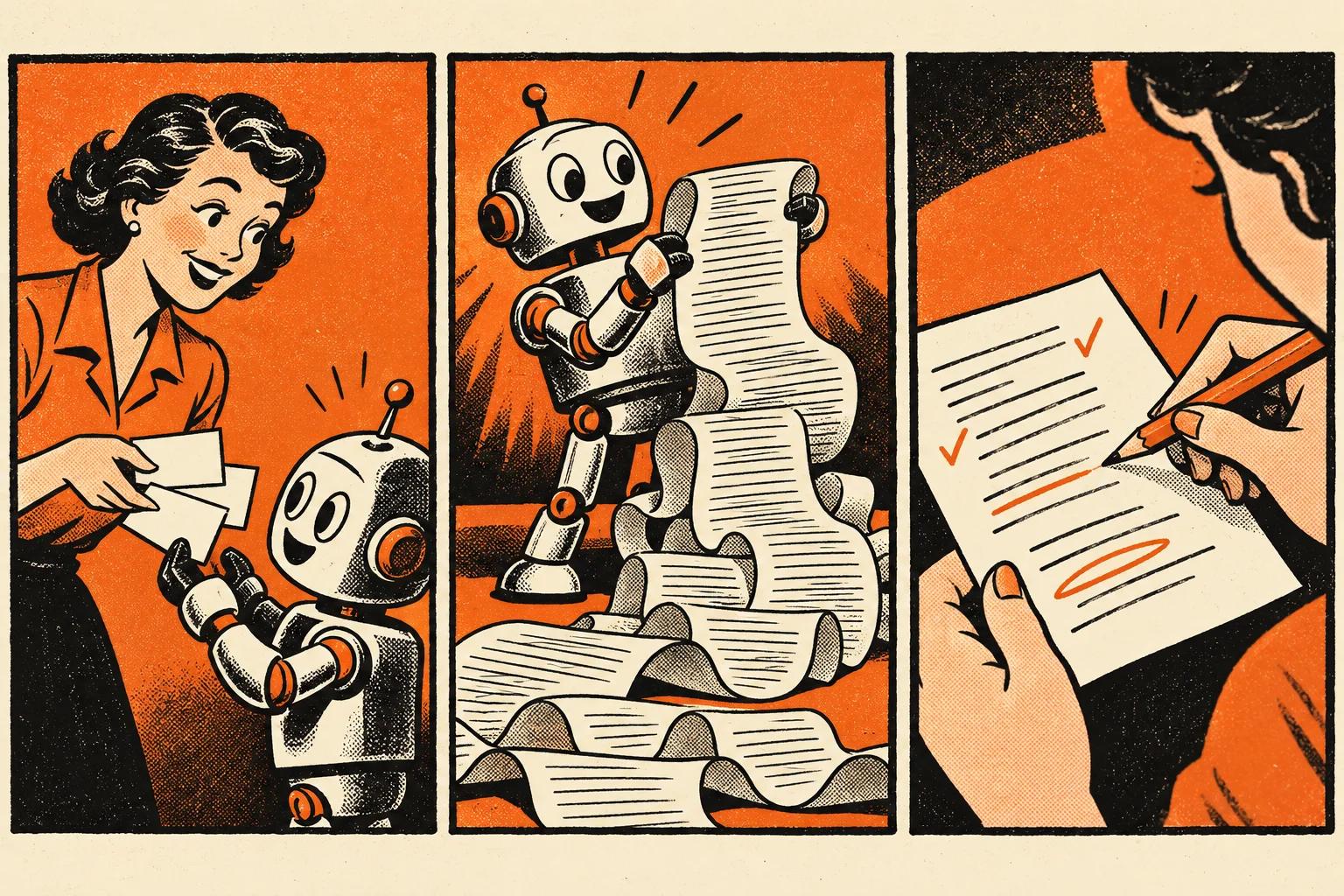 An illustrated sequence shows a draft being checked before it is sent.