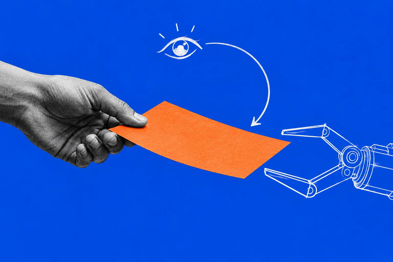 A human hand and a drawn mechanical hand hold opposite ends of an orange sheet.