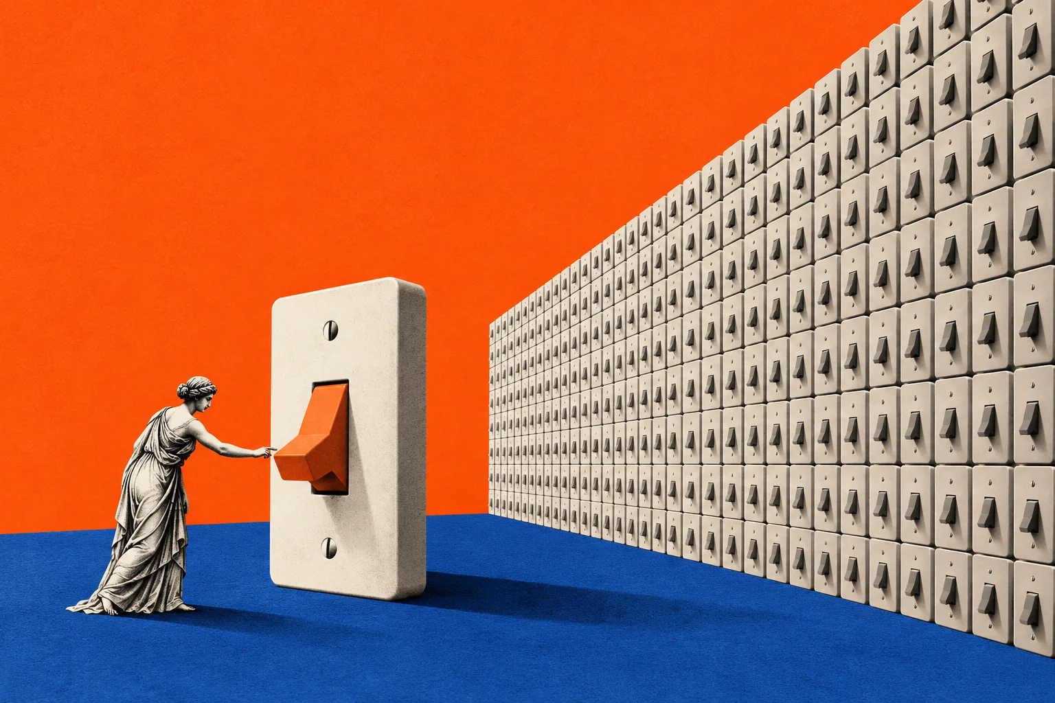 A small figure presses one large orange switch beside a wall of switches.