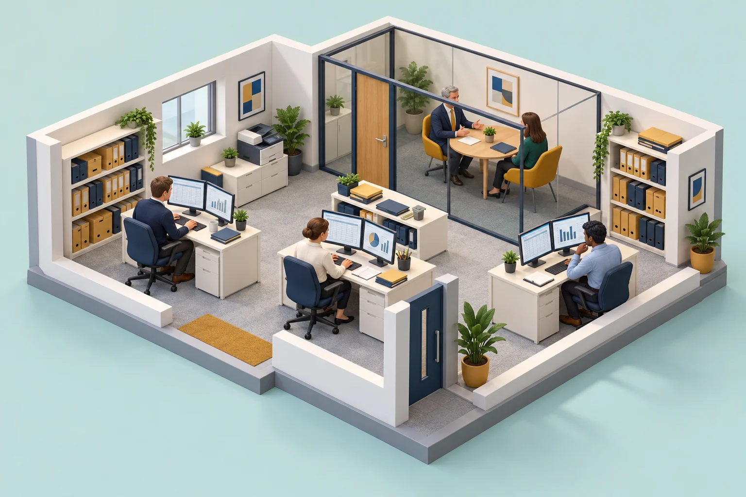 Isometric model of a small accountancy practice with staff at desks and a partner meeting a client.