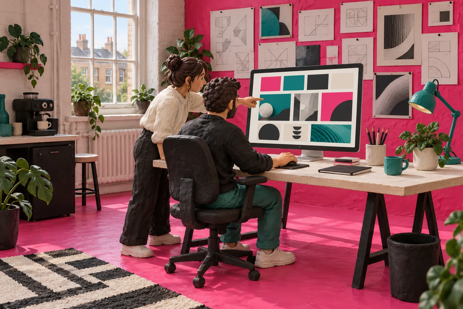 Clay model of two designers reviewing a brand board in an agency studio.