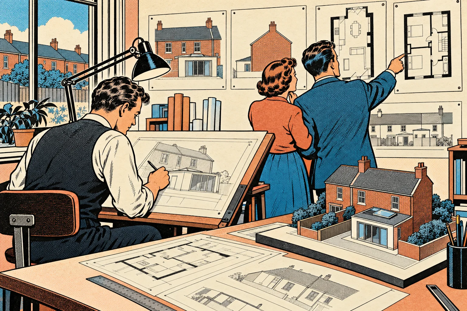 Retro comic illustration of an architect sketching a house extension while clients point at a planning drawing.