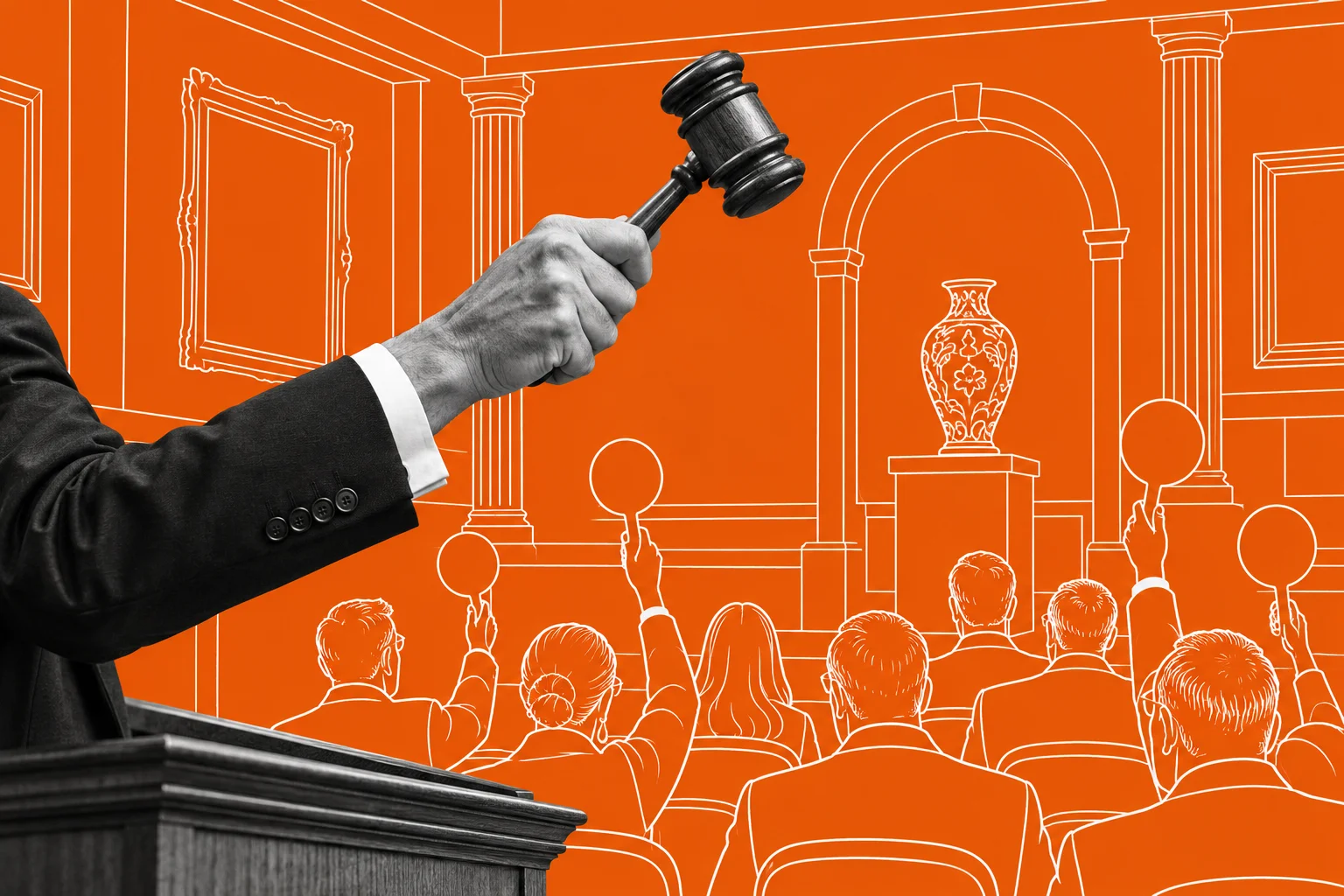 Photo of an auctioneer's hand raising a gavel with white line drawings of a saleroom and bidders, on orange.