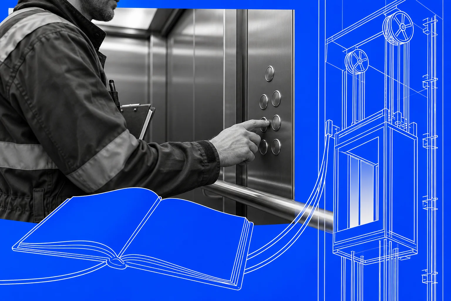 Photo of an engineer's hand on a lift control panel with white line drawings of the shaft and cables, on cobalt.
