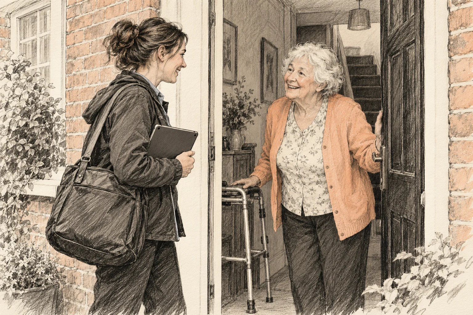 Pencil sketch of a home care worker greeted at an older person's front door.