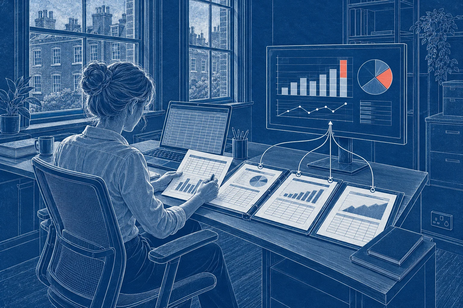 Blueprint-style drawing of reports from a folder flowing into one dashboard on a laptop while a person checks the figures.