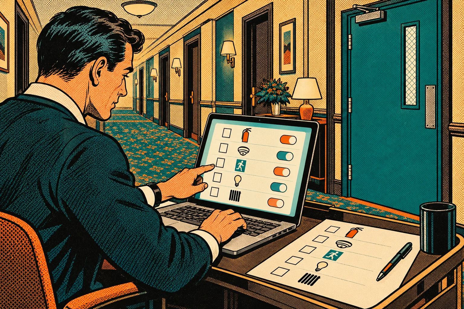 Retro comic illustration of a hotel auditor turning a paper checklist into an app on a laptop.