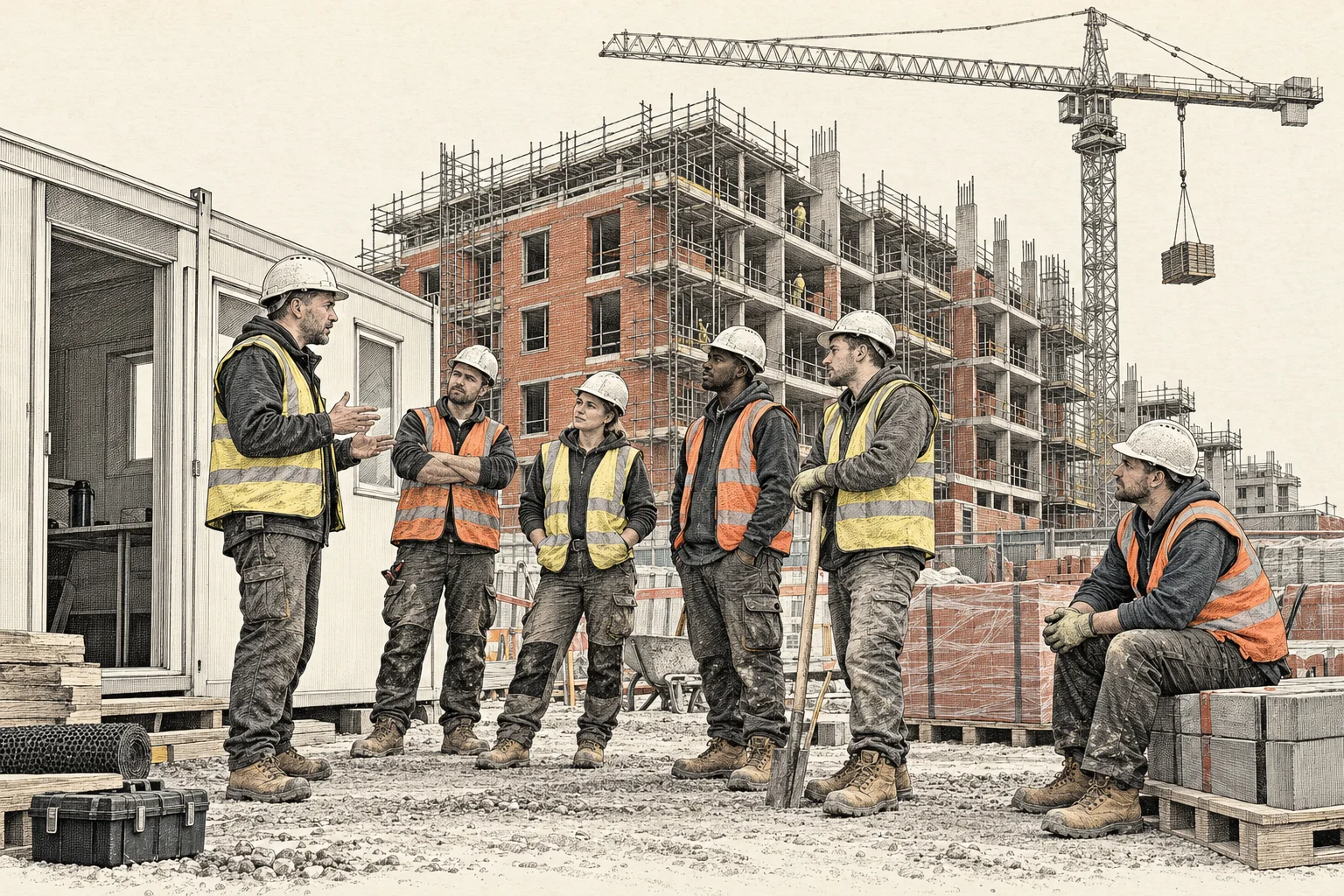 Engraving of a site manager briefing workers by a site cabin beneath a tower crane and a half-built block of flats.