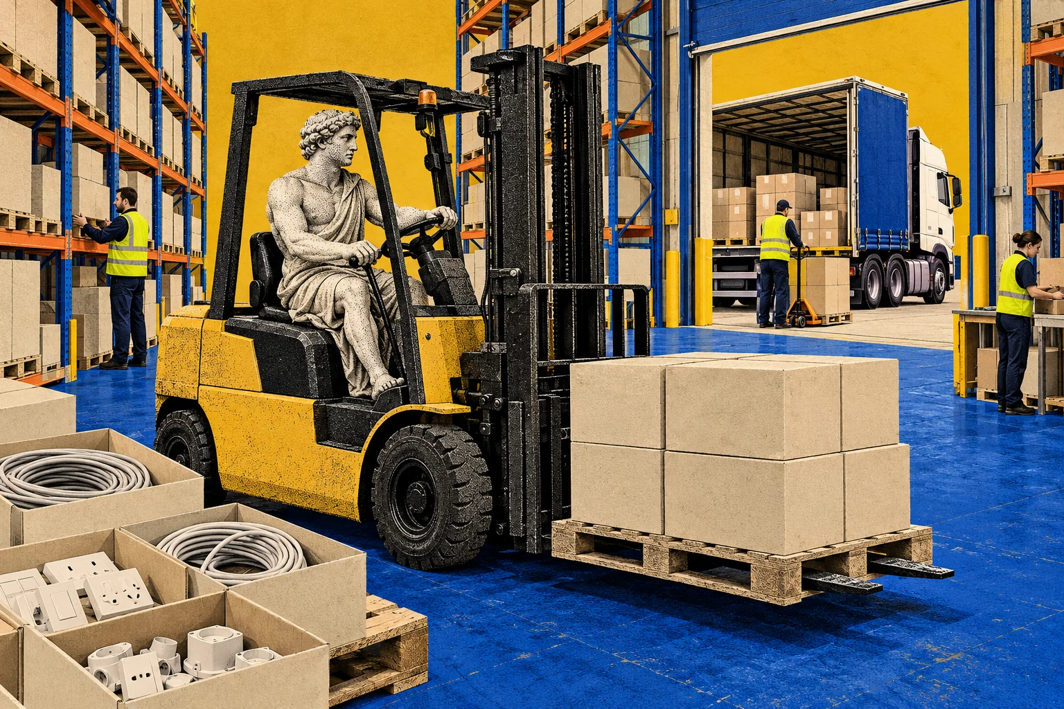 Collage of a classical statue figure driving a forklift between warehouse racks to load a lorry.