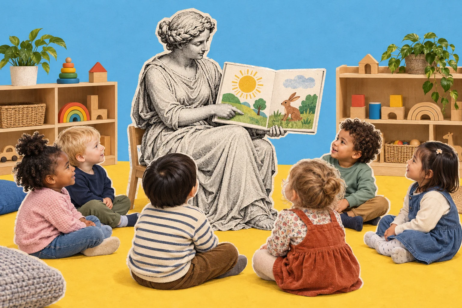 Collage of a classical statue figure reading a picture book to toddlers in a nursery.