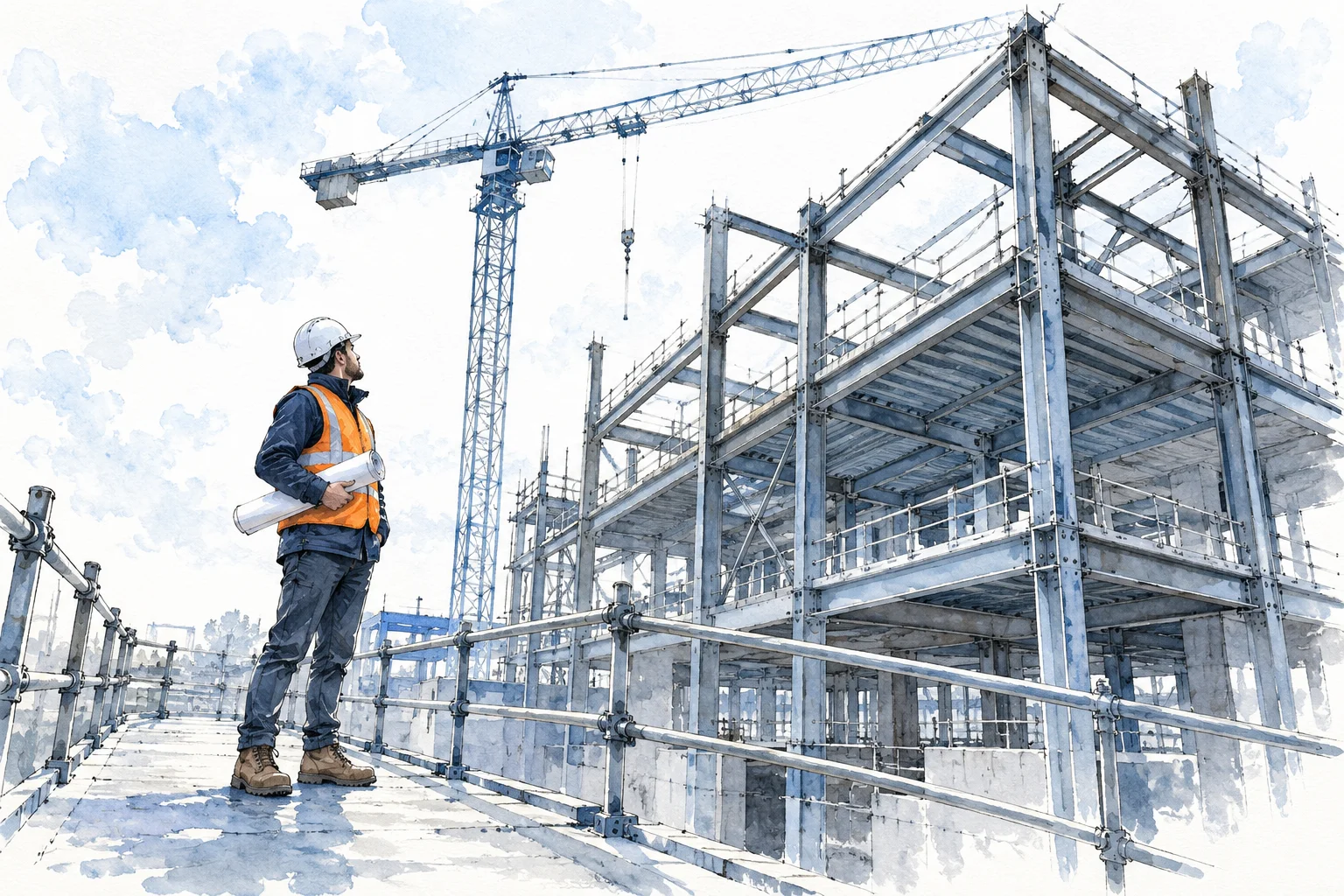 Watercolour of a structural engineer holding drawings on a site walkway beneath a steel frame and a crane.
