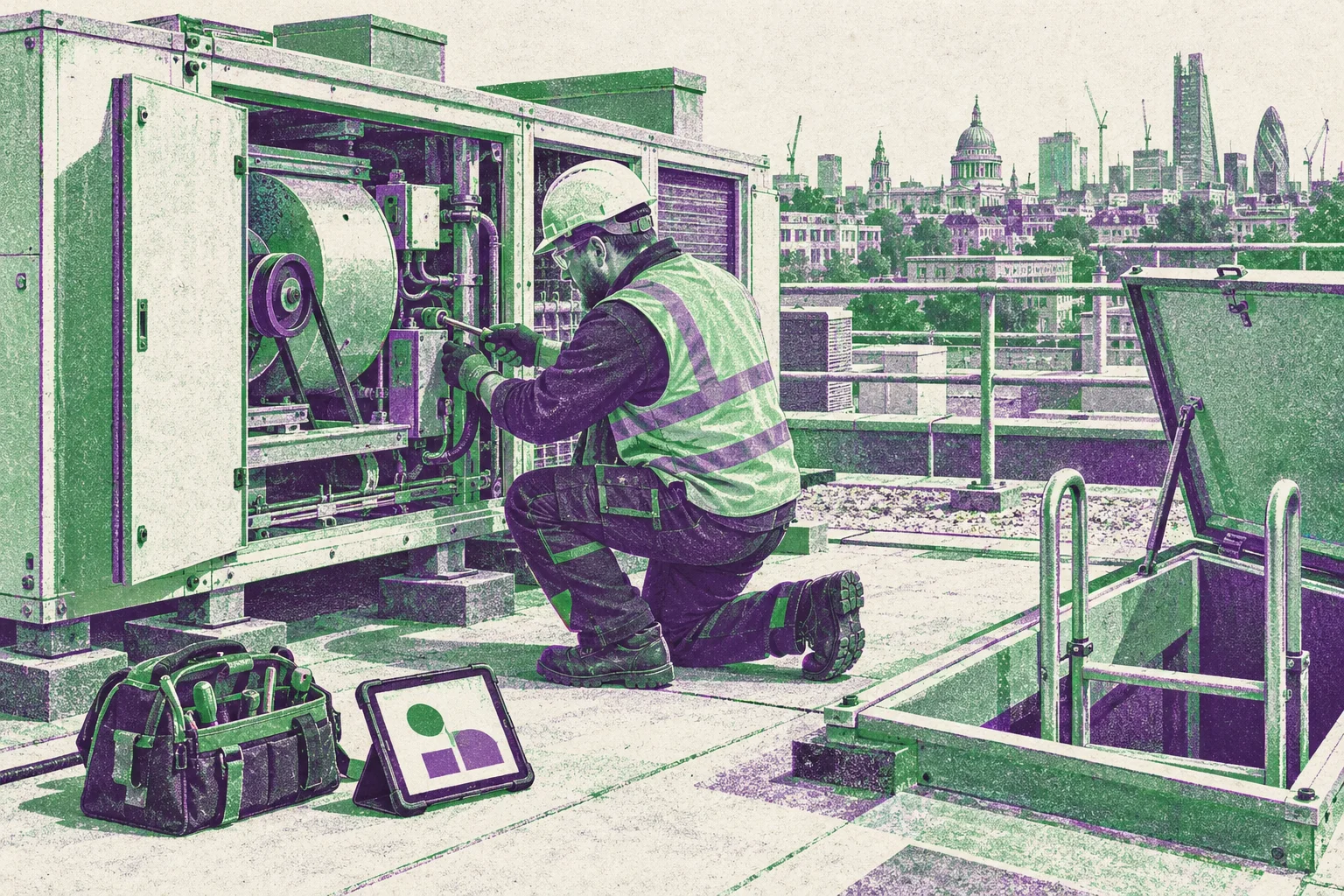 Risograph print of a facilities engineer servicing an air-handling unit on an office roof.