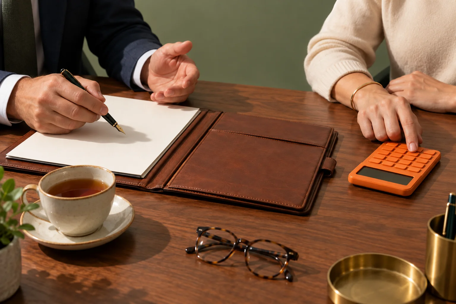 Studio photograph of an adviser's leather folder, pen, glasses and tea on a sage backdrop.