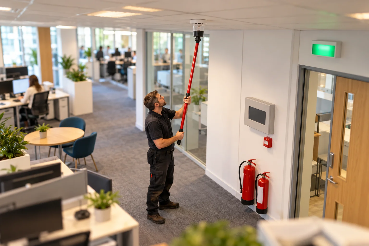 Tilt-shift photograph of a fire engineer testing a ceiling smoke detector with a pole tester in an office.