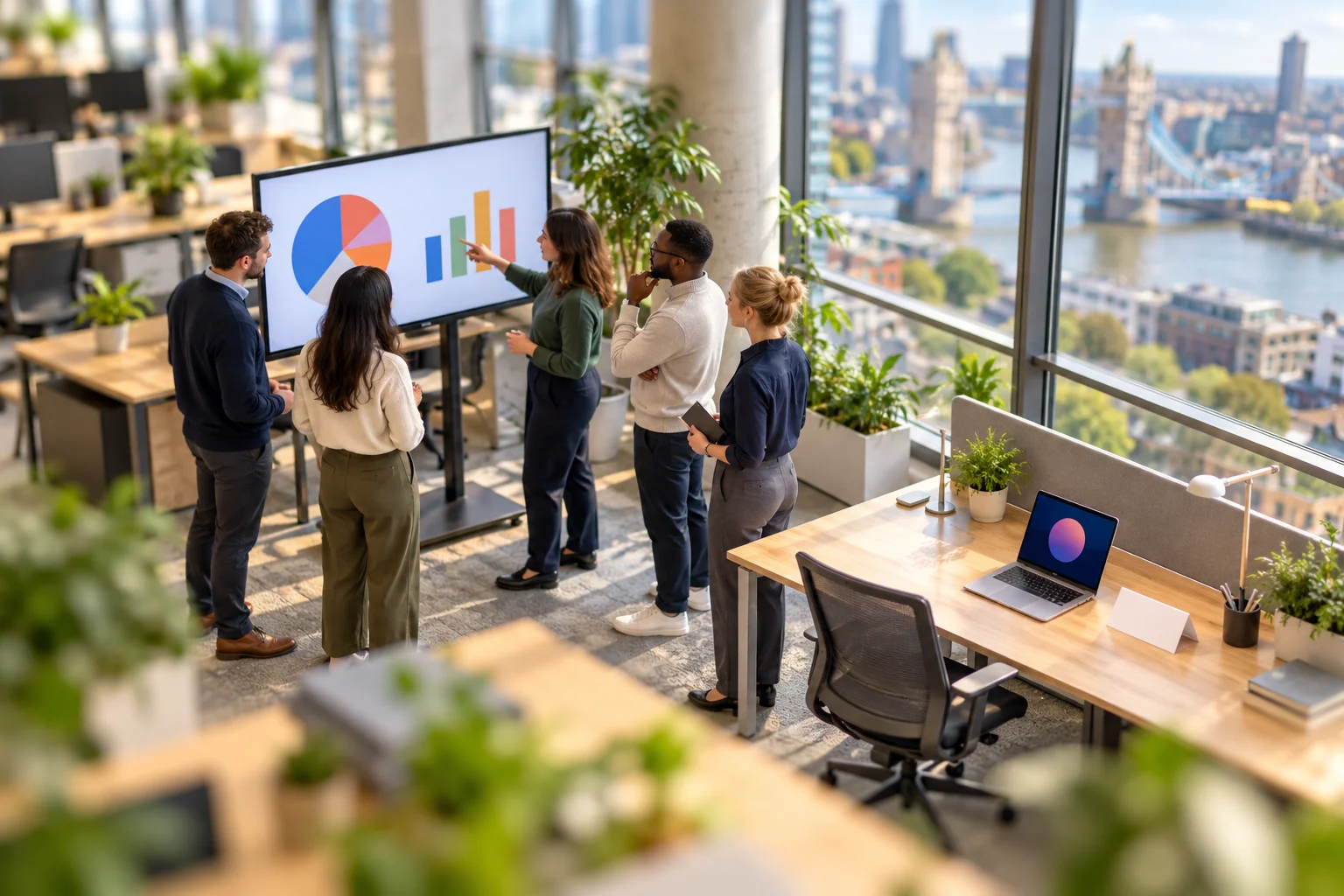 Tilt-shift photograph of a team meeting in an open-plan office beside a desk set up for a new digital colleague.