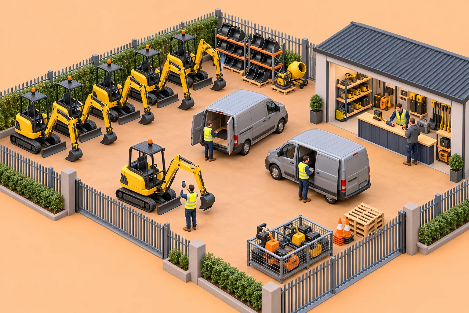 Isometric model of a plant hire depot with mini diggers, vans and a worker checking a returned machine.