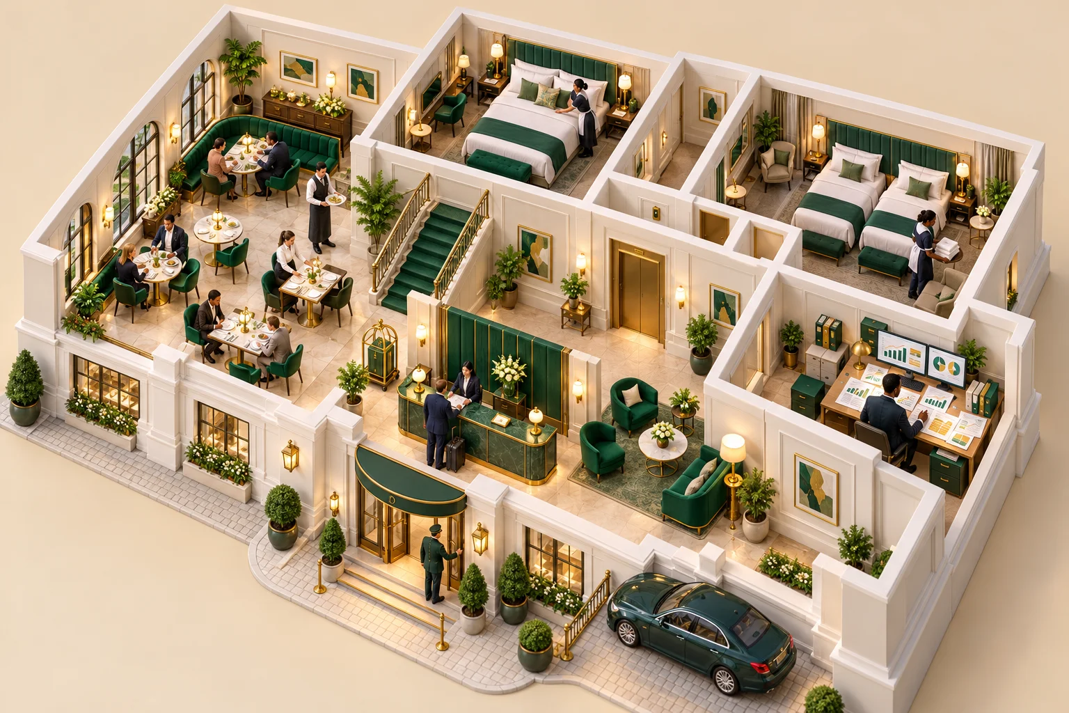 Isometric cut-away luxury hotel with a finance controller reviewing month-end reports in the back office.