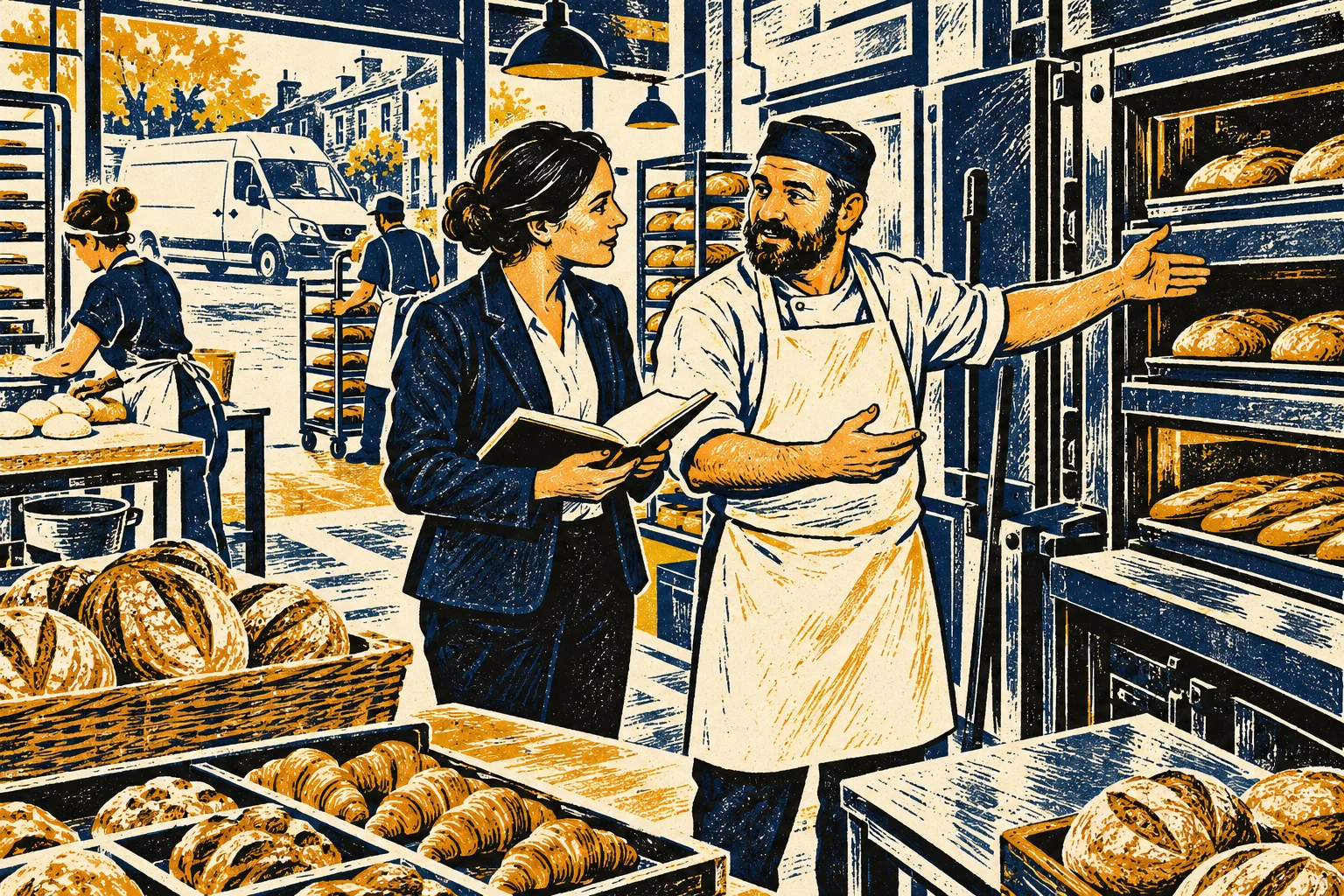 Linocut print of an insurance broker walking through a bakery with the owner.