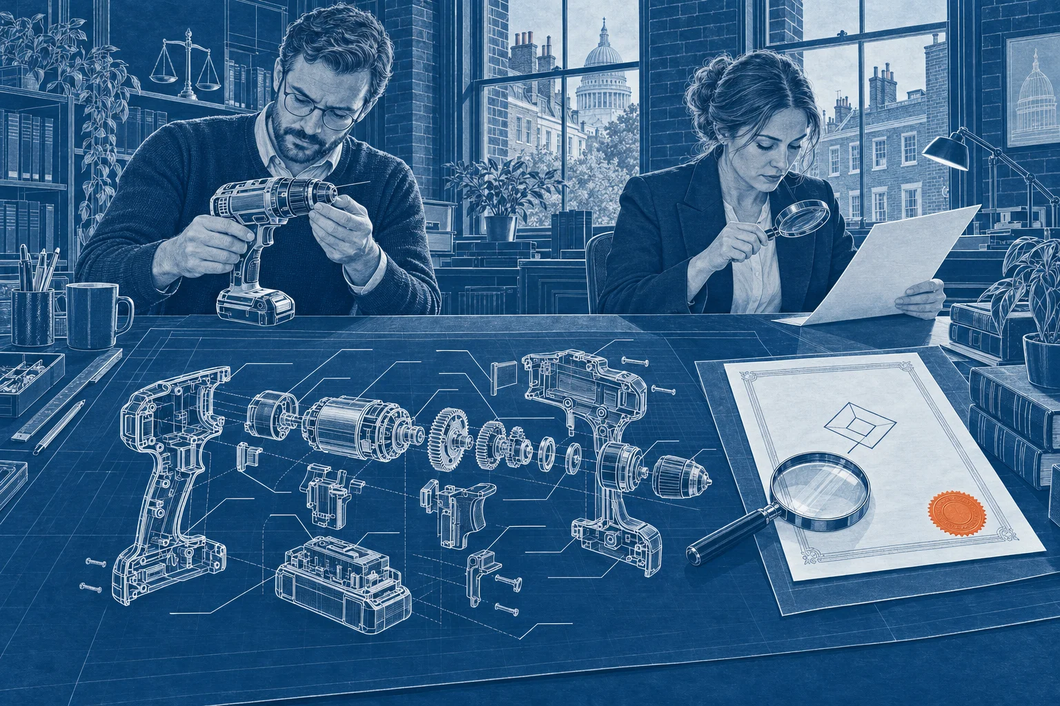 Blueprint-style patent drawing of a power tool in exploded view beside a trade mark certificate and a magnifier.