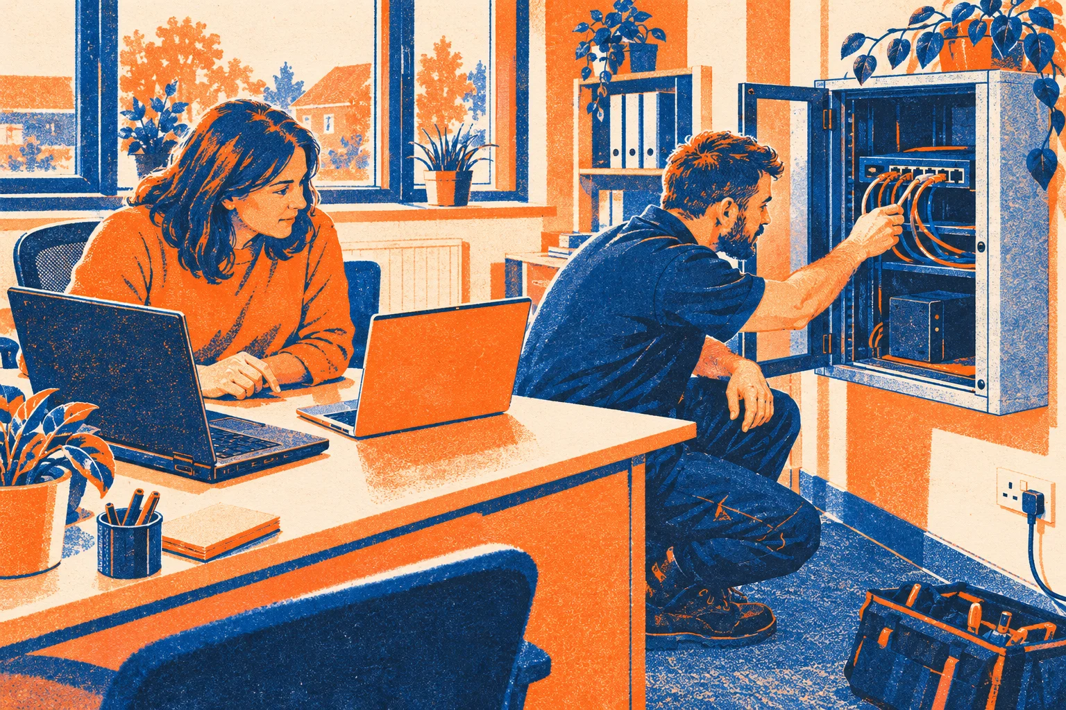 Risograph print of an IT engineer checking a client's server cabinet and network switch.