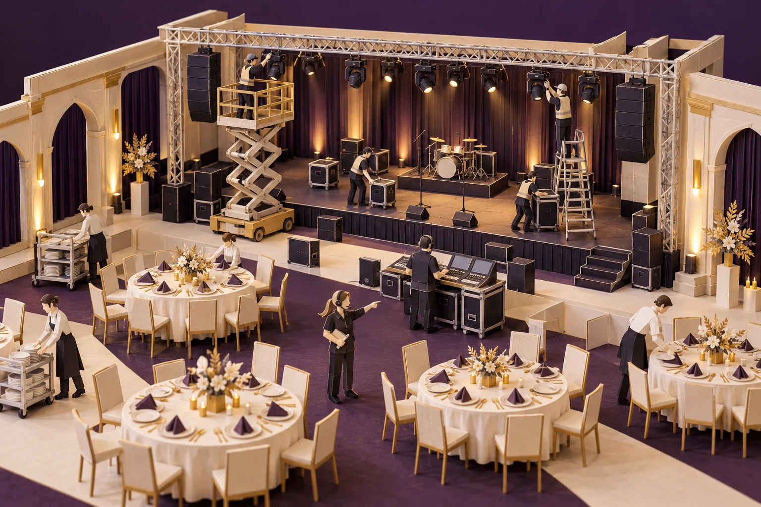 Paper-craft model of an event venue being set up with stage lights, tables and a producer with a headset.