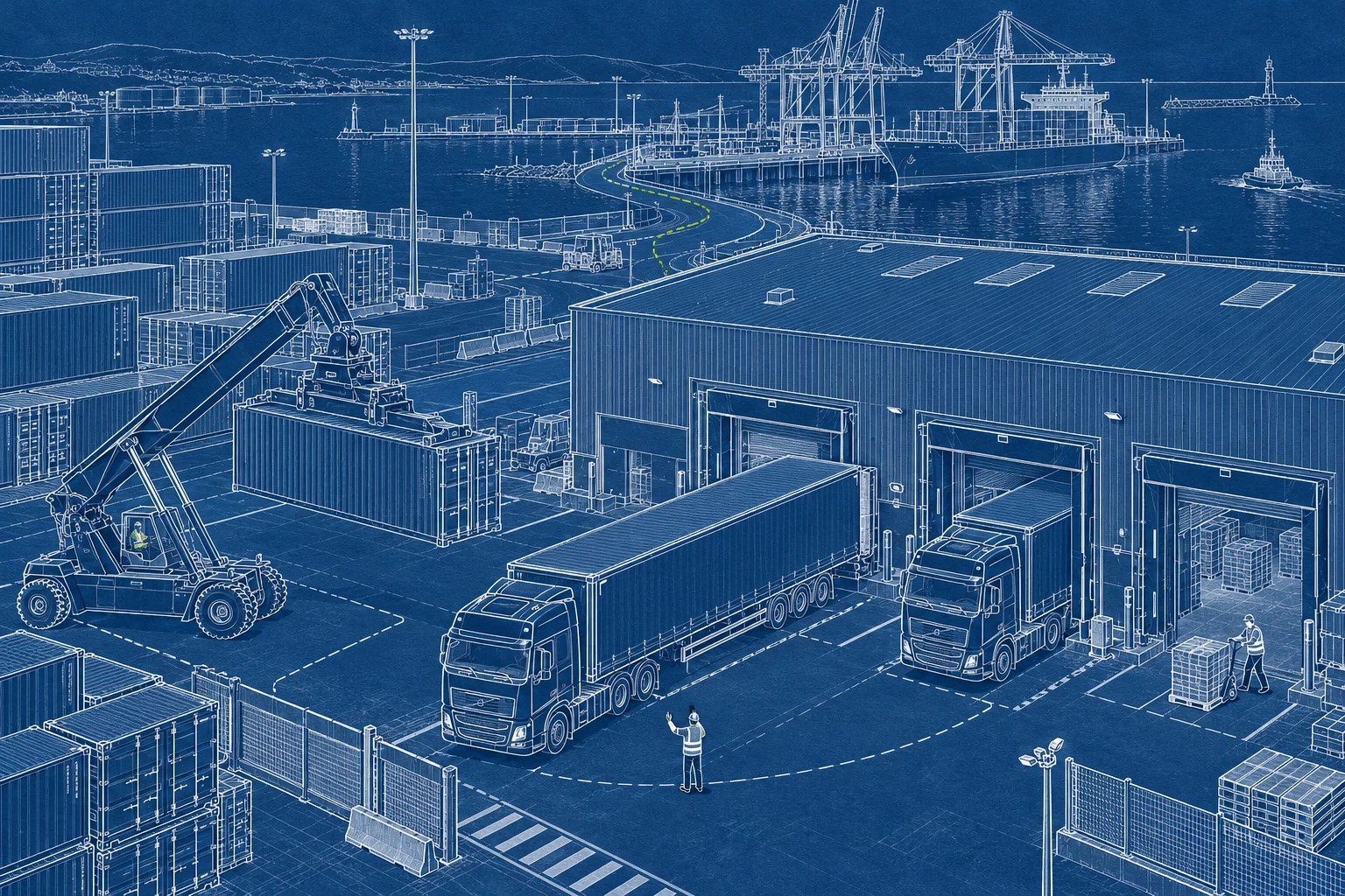 Blueprint-style drawing of a freight yard with lorries at loading bays and stacked shipping containers.