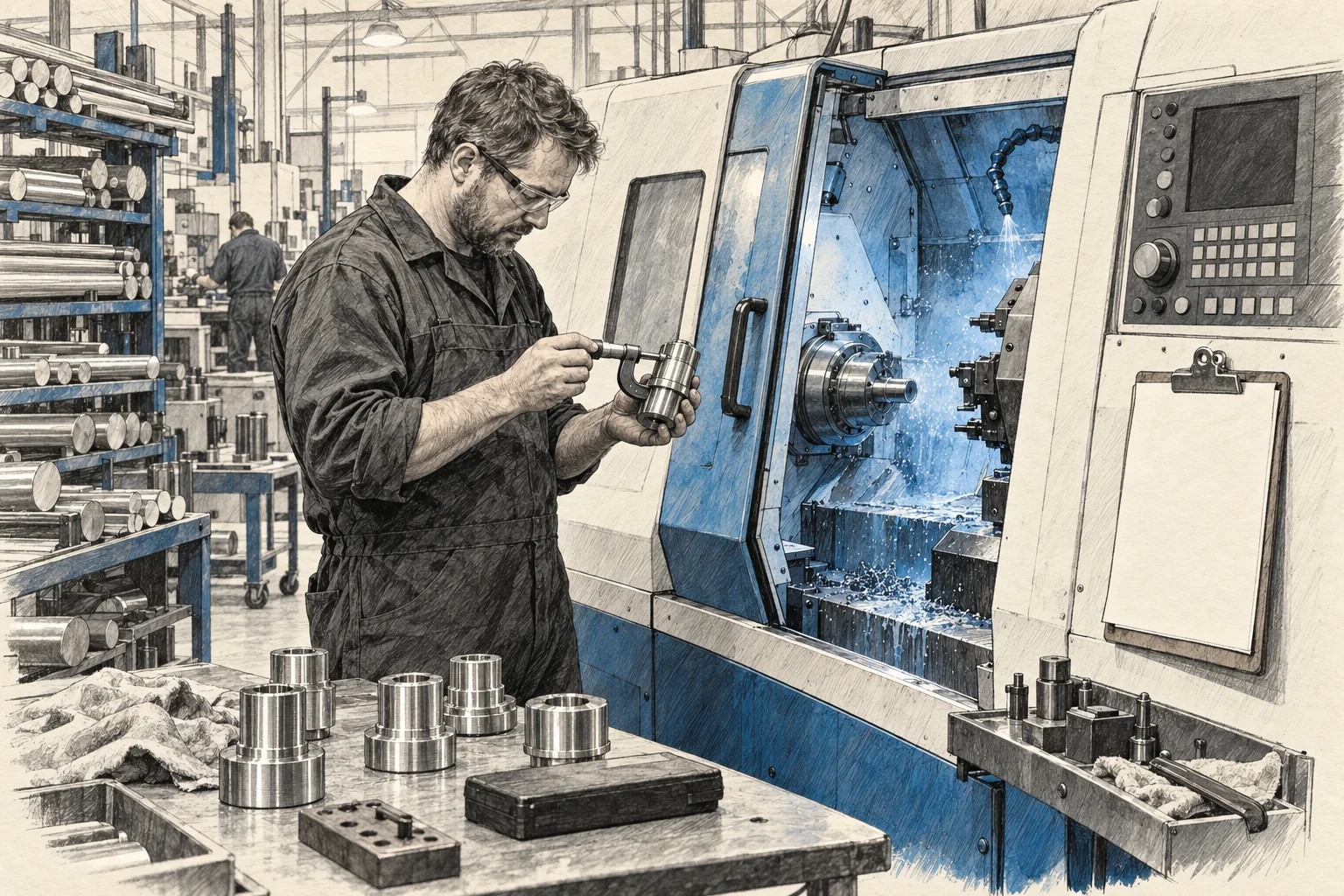 Pencil sketch of a machinist checking a part with a micrometer beside a CNC lathe.