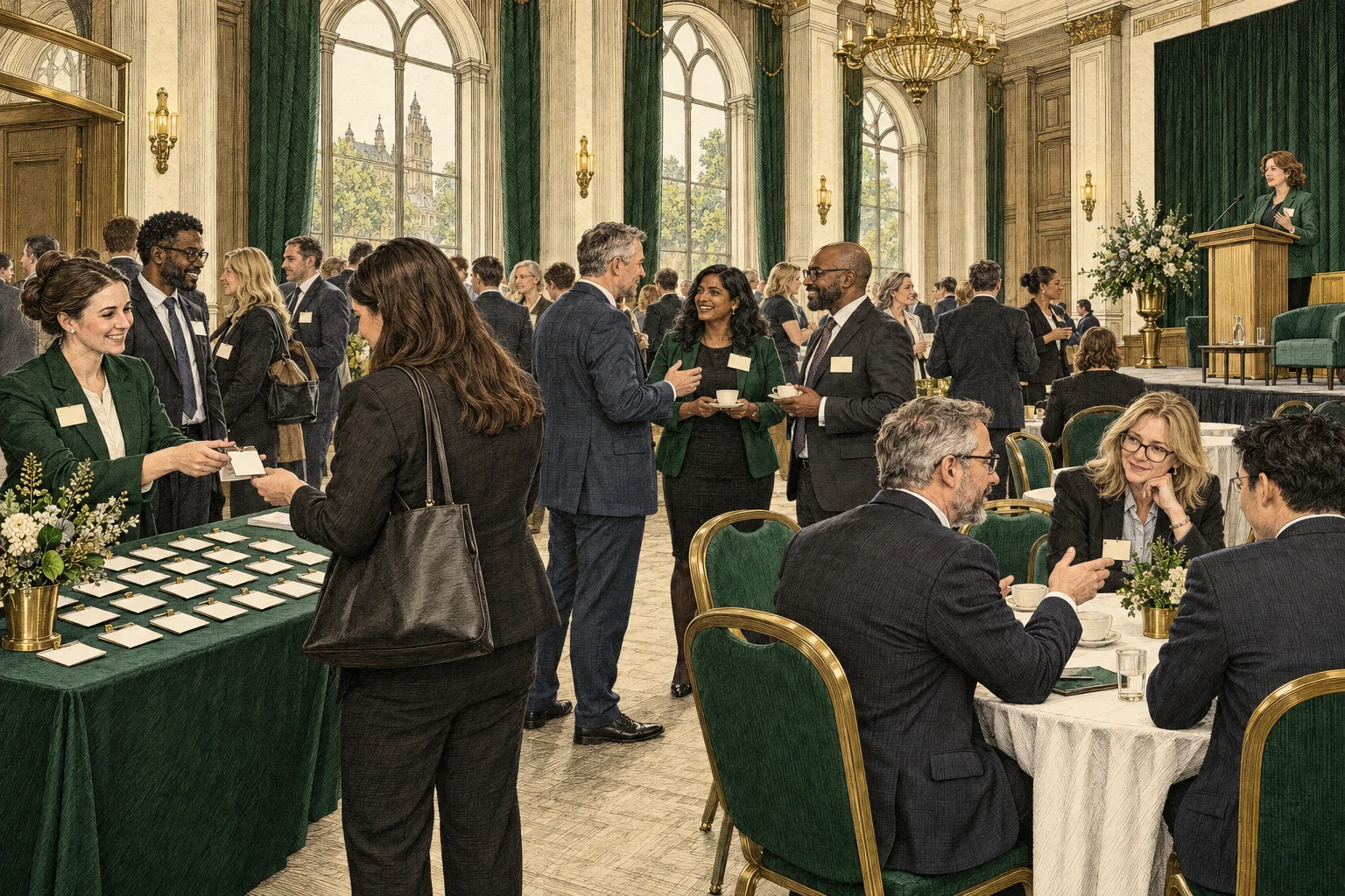 Engraving of a trade association conference with members networking and a speaker at a lectern.