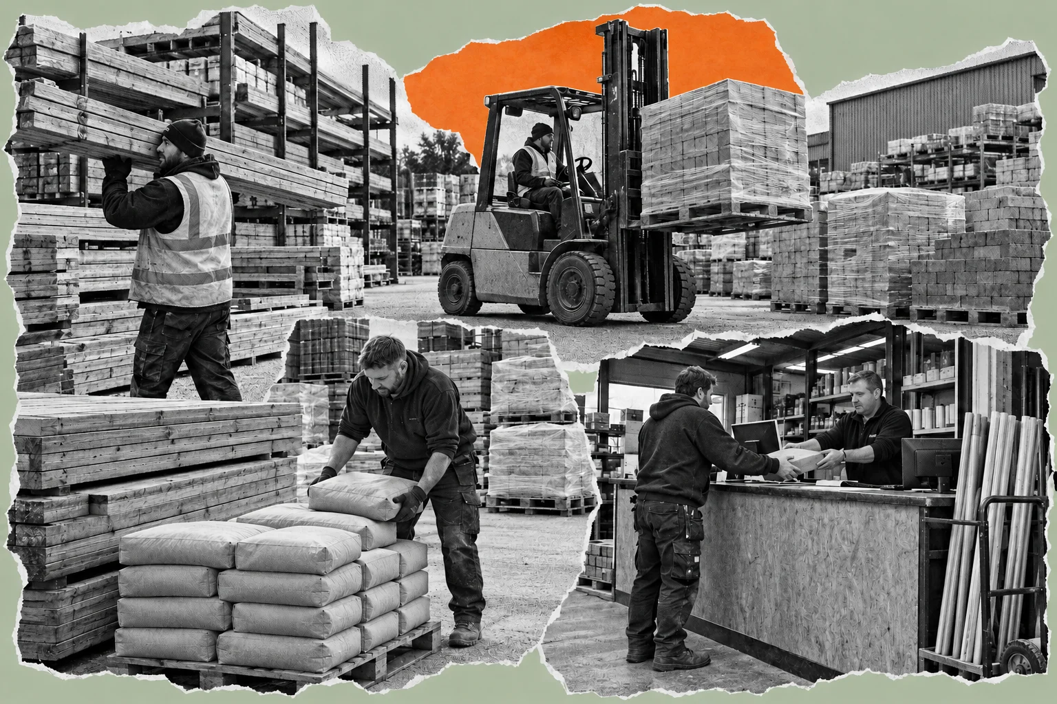 Halftone collage of a builder's merchant yard with timber, bricks, cement bags and a forklift.