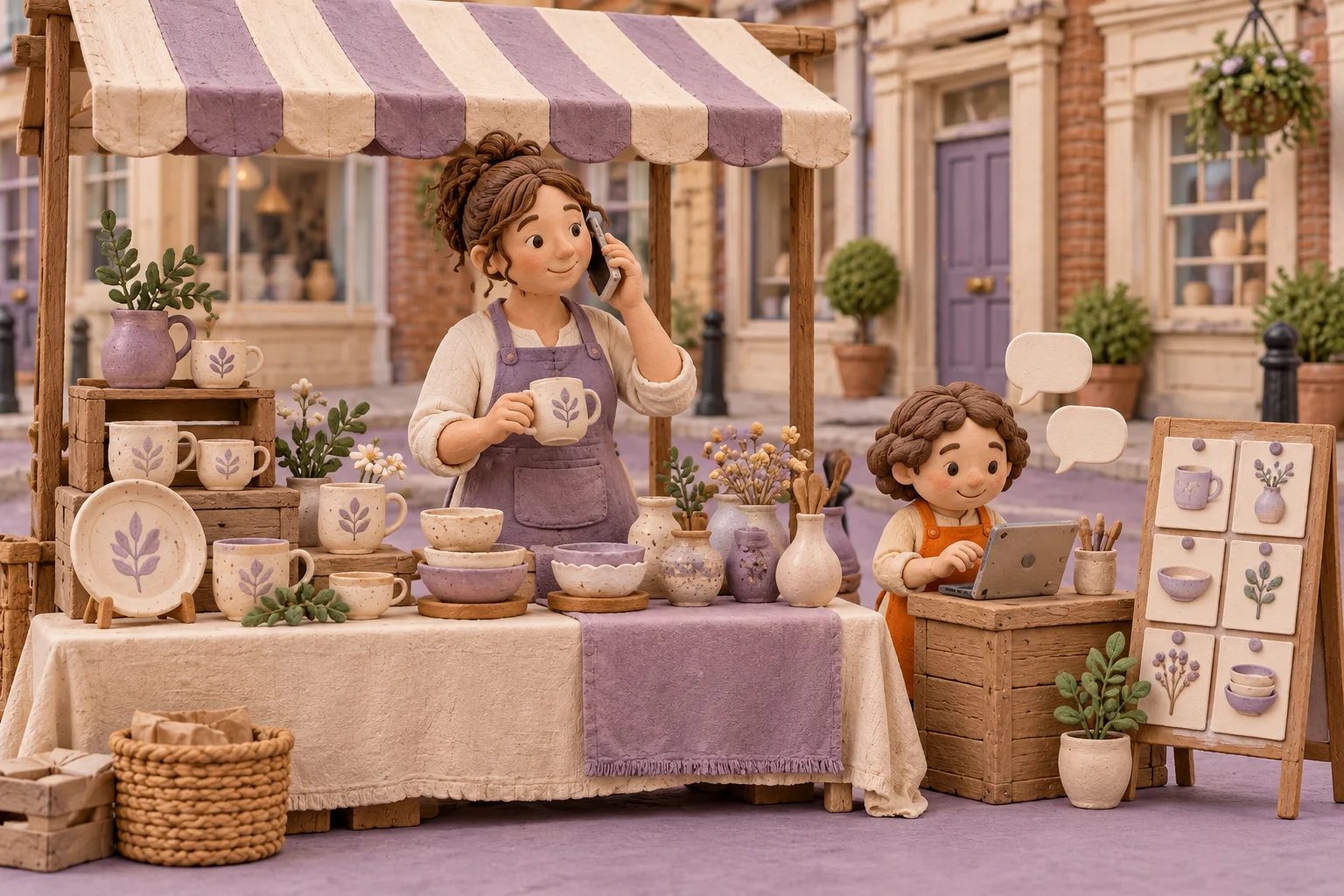 Clay model of a market stall owner with a small helper figure drafting replies and planning posts.