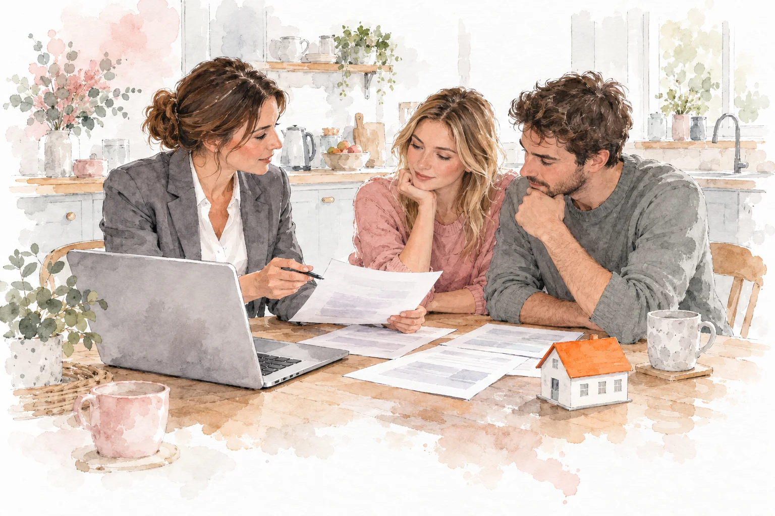 Watercolour of a mortgage adviser with a young couple at a kitchen table with a laptop and a model house.