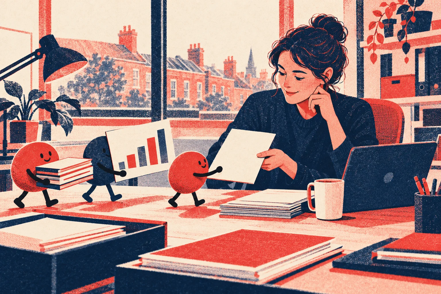 Risograph print of a project lead reviewing files carried across the desk by small round helper characters.