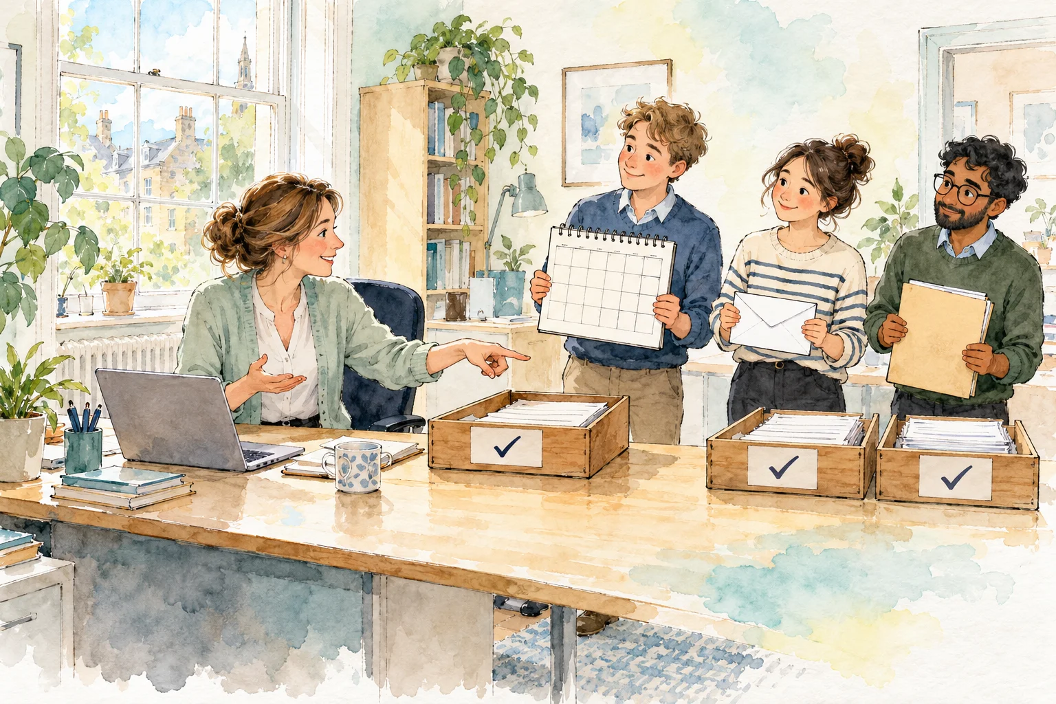 Watercolour of an office manager handing tasks to small helper figures who wait at an approval tray.