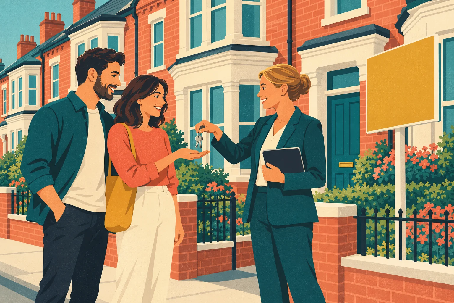 Mid-century poster of an estate agent handing keys to tenants outside a terraced house.