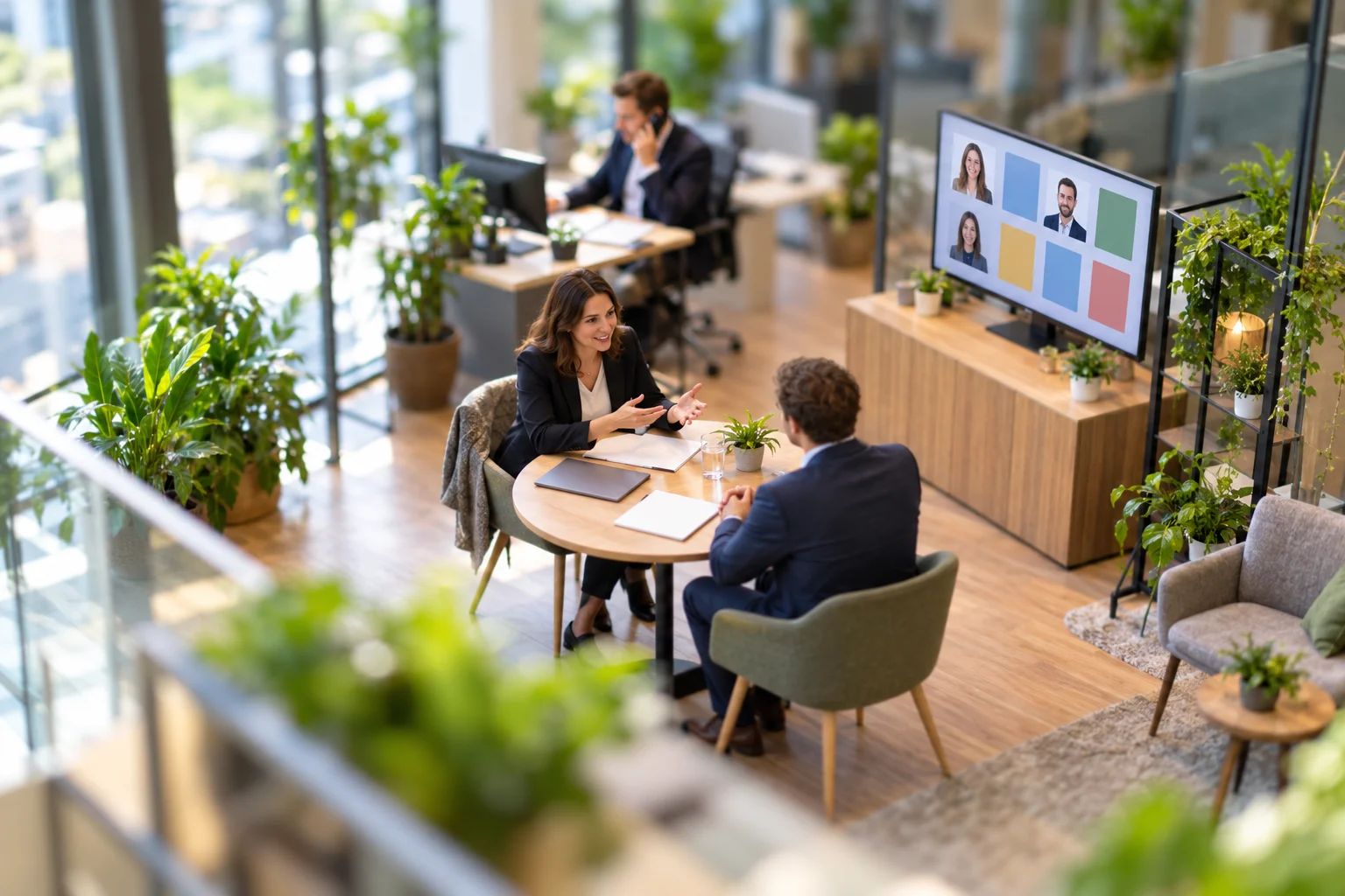 Tilt-shift photograph of a recruiter interviewing a candidate in a bright office.