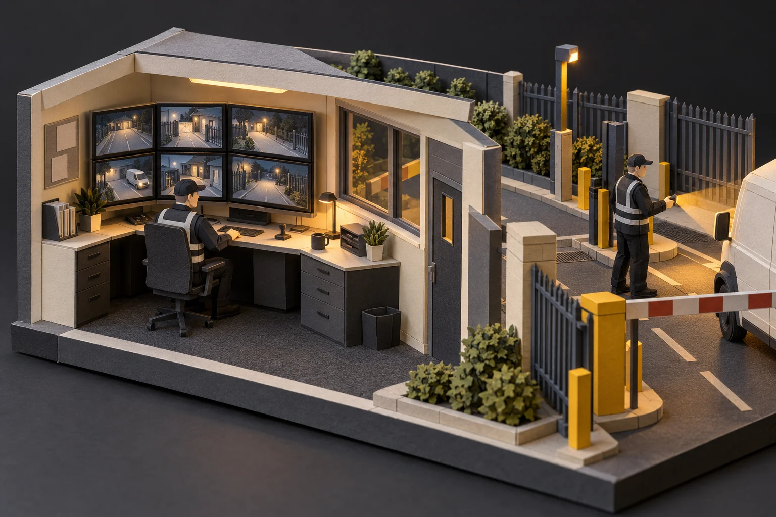 Paper-craft model of a security control room with CCTV screens and a guard at a barrier gate.