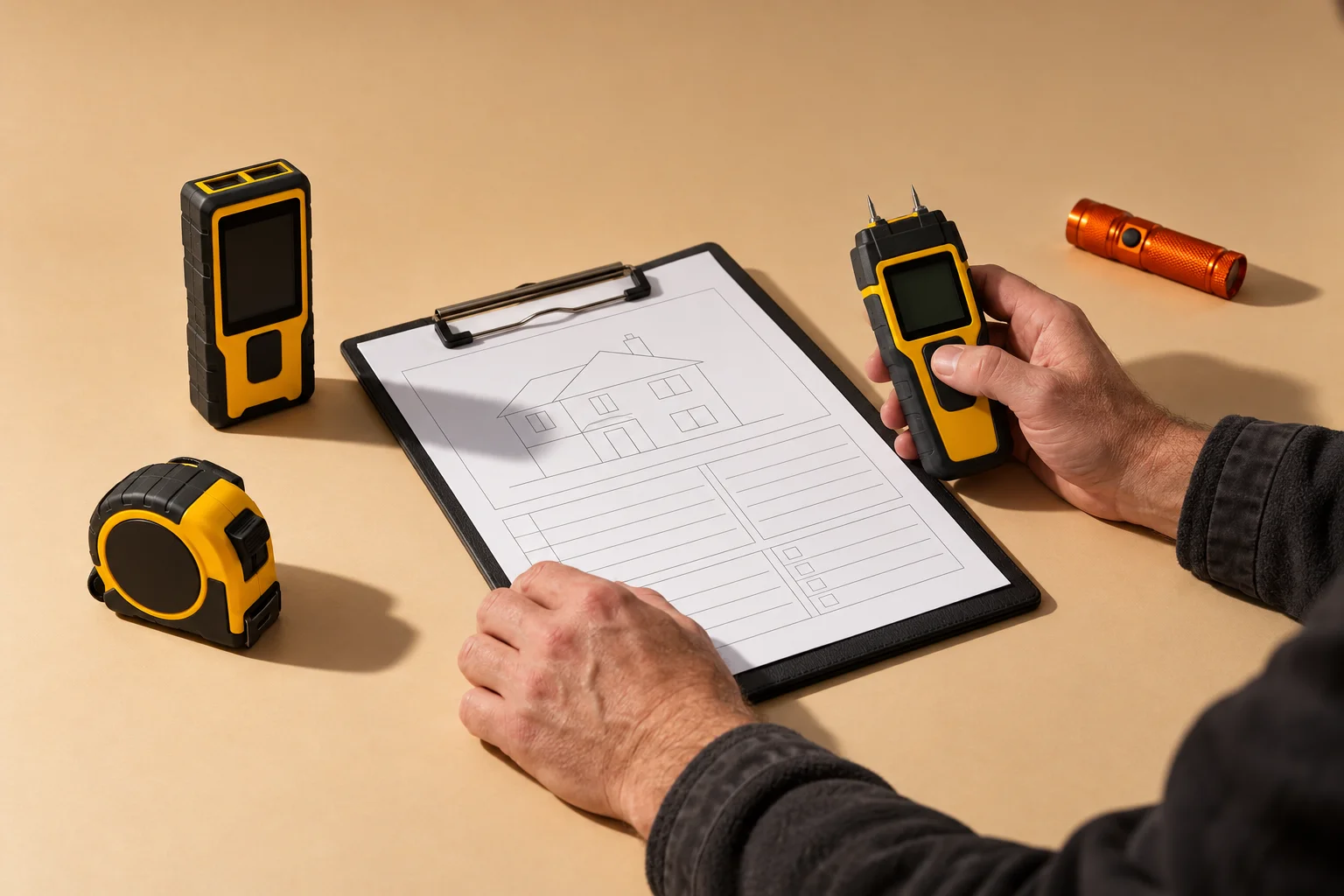 Studio photograph of a surveyor's laser measure, damp meter, tape and clipboard on a sand backdrop.