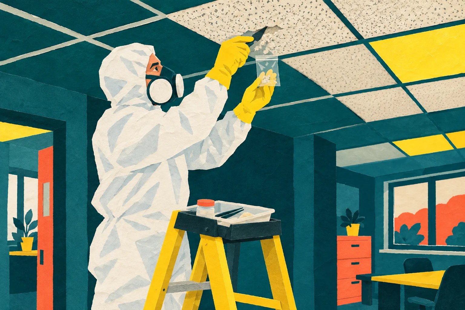 Cut-paper illustration of an asbestos surveyor in a protective suit taking a sample from a ceiling tile.