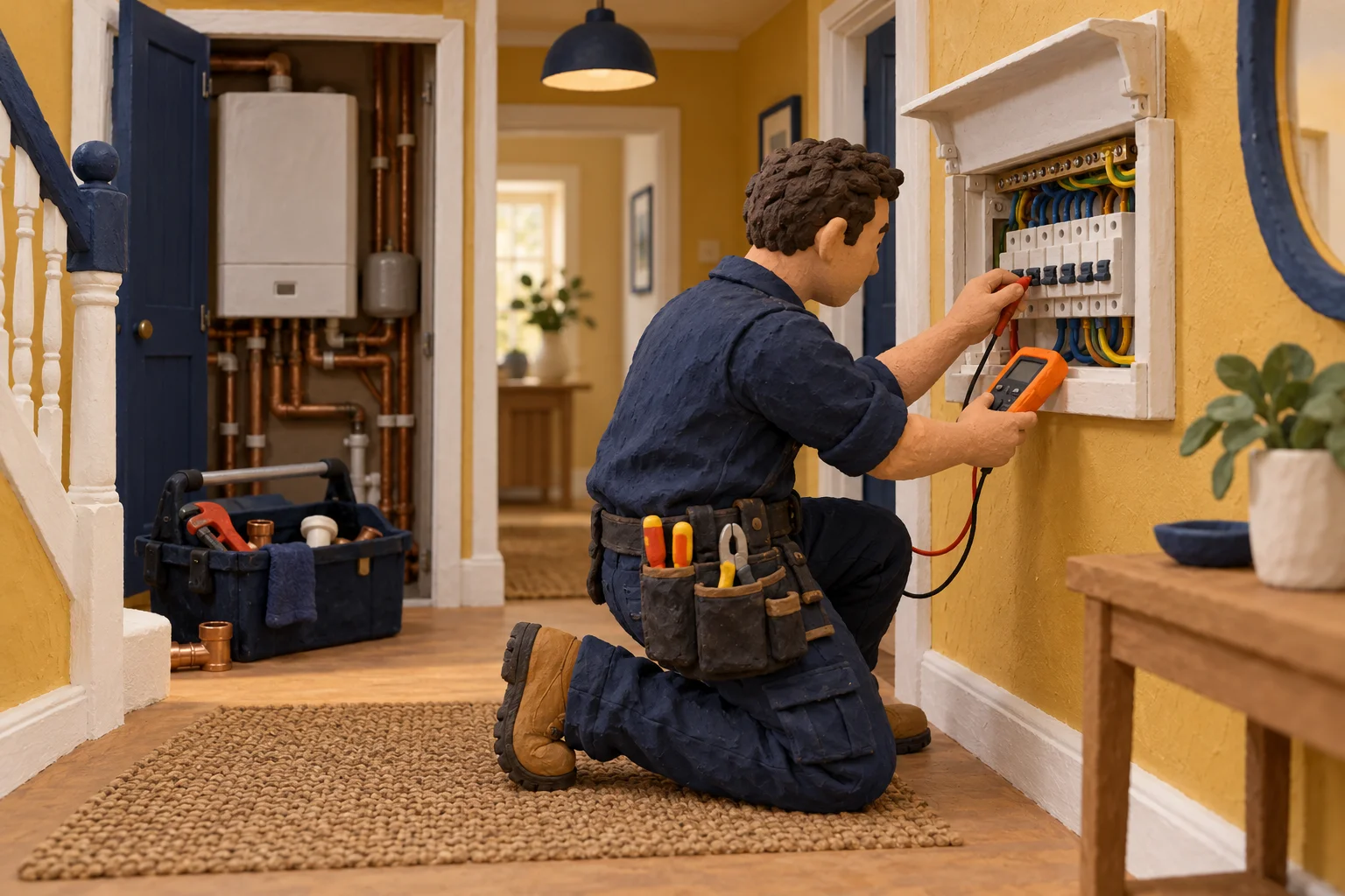 Clay model of an electrician testing a consumer unit in a hallway beside a boiler cupboard.