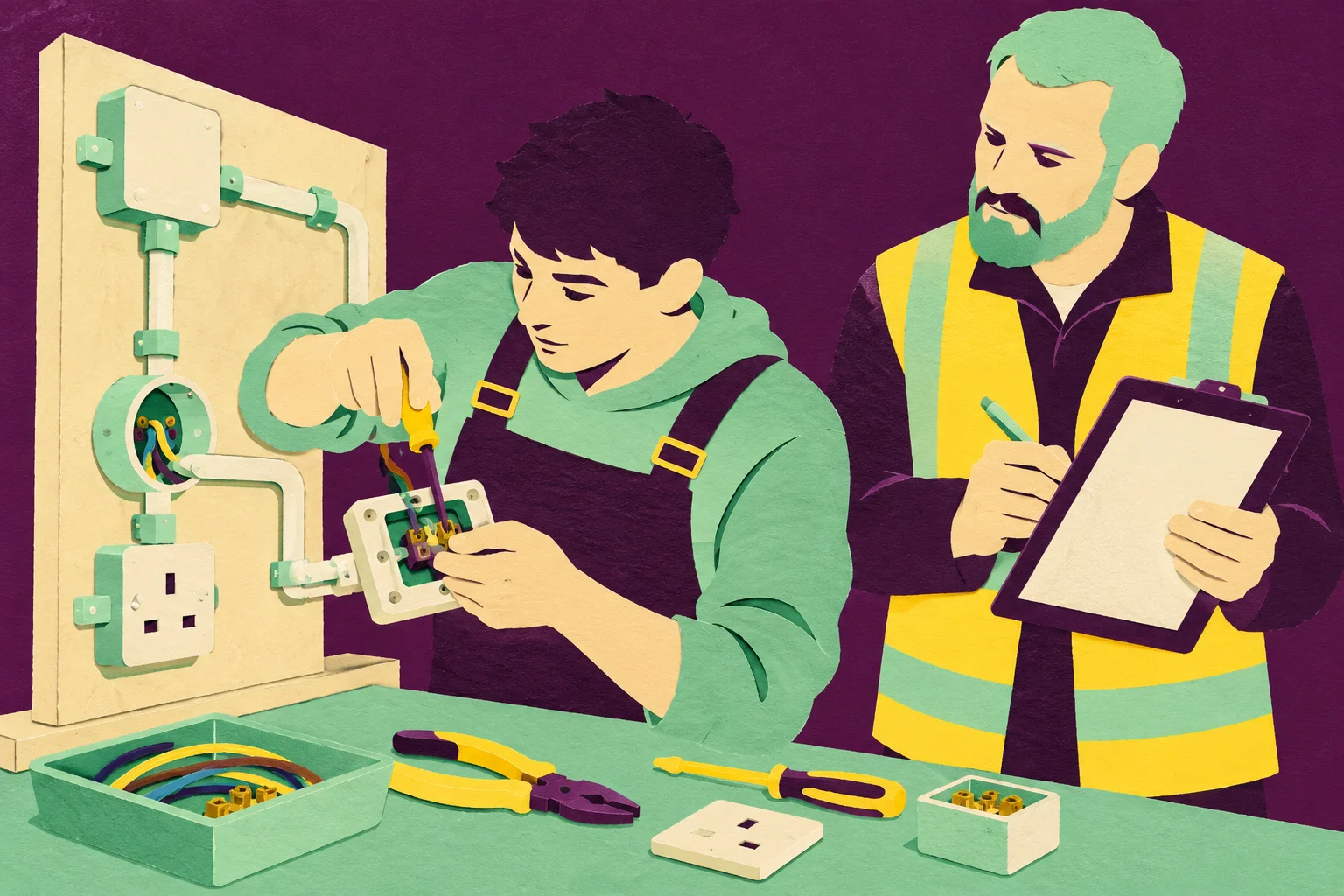 Cut-paper illustration of an apprentice wiring a socket on a training rig while a tutor takes notes.