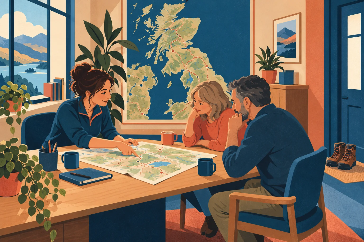 Mid-century poster of a tour operator planning a walking holiday with a couple in front of a map.