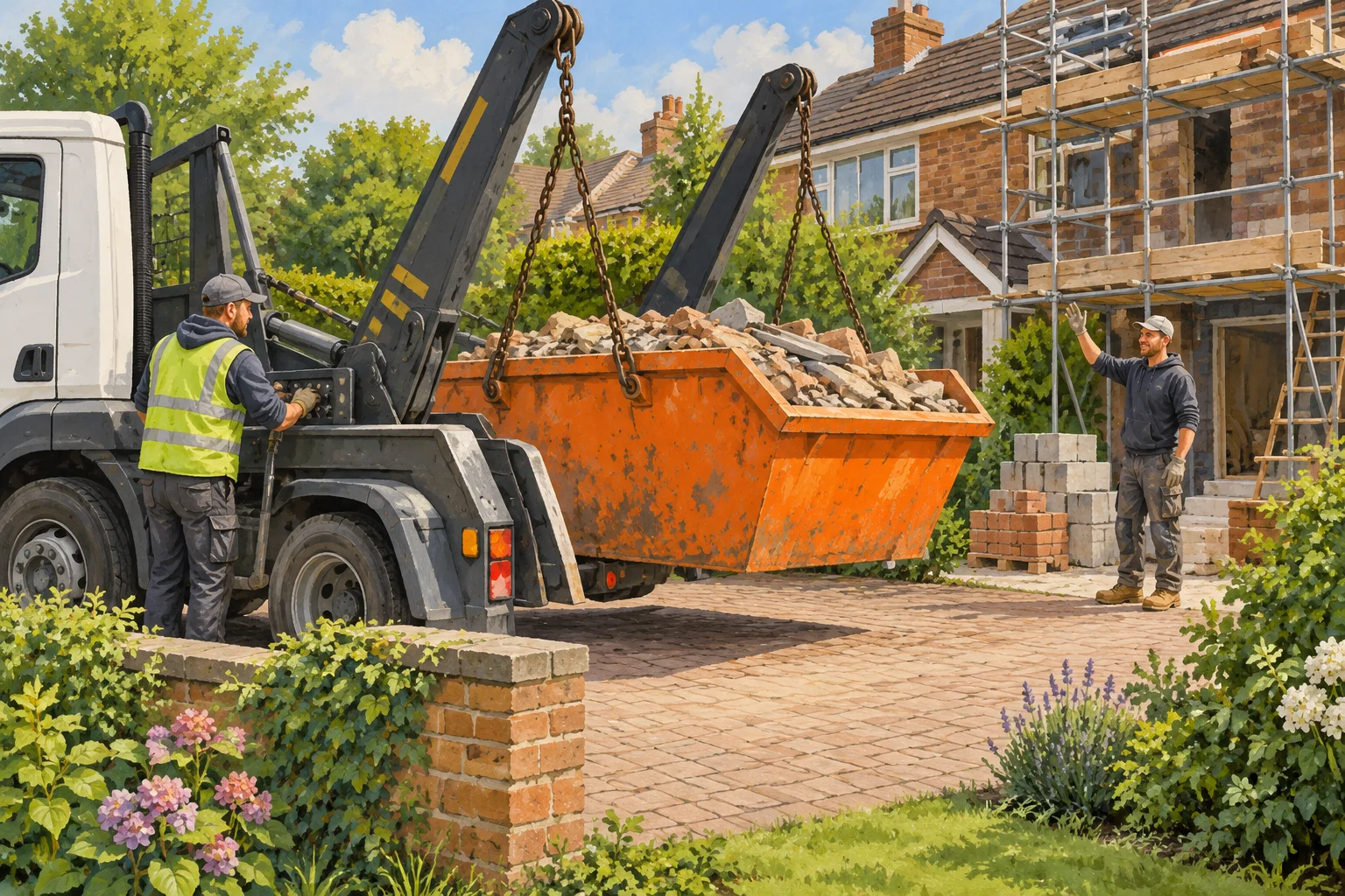 Painting of a skip lorry lowering a skip onto a driveway beside a home renovation.