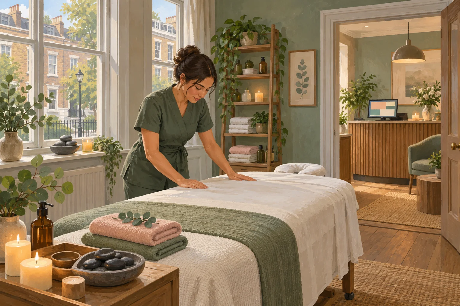 Painting of a therapist preparing a treatment room in a London day spa.
